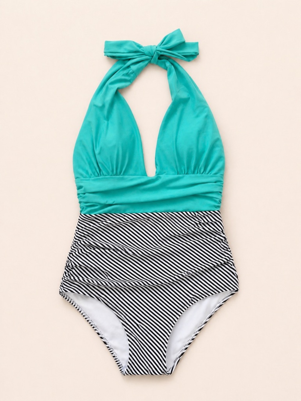 Women’s L Bright Aqua Halter-Style Bathing Suit with Black and White Stripes